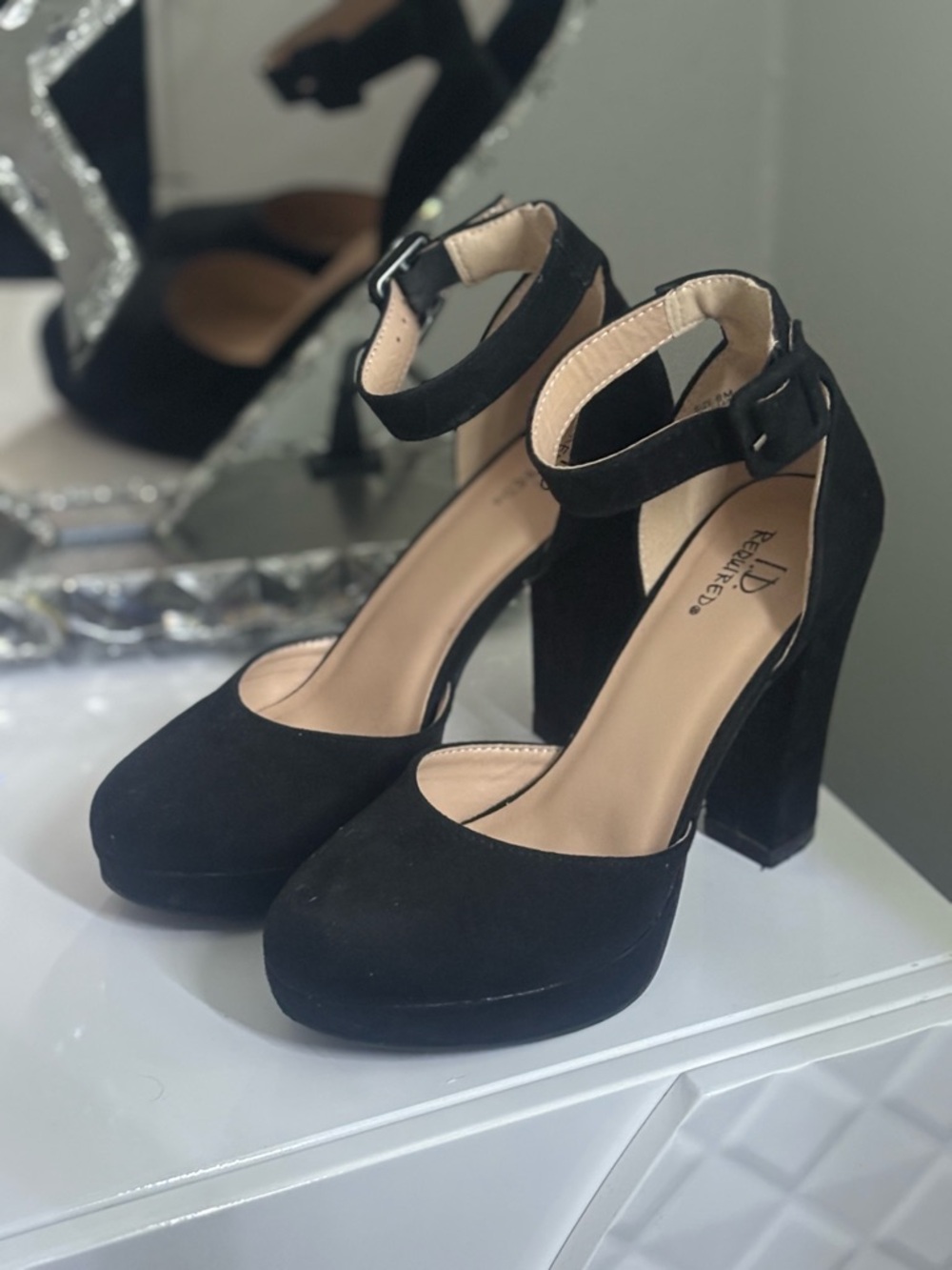 Black Suede Ankle-Strap Block Heels
